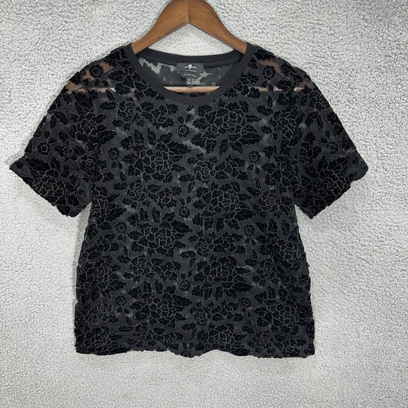 7 For All Mankind Top Womens S Black Velvet‎ Burnout Floral Sheer Witchy Y2K - Picture 1 of 6